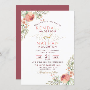Elegant Script Rose Watercolor Floral Wedding Invitation