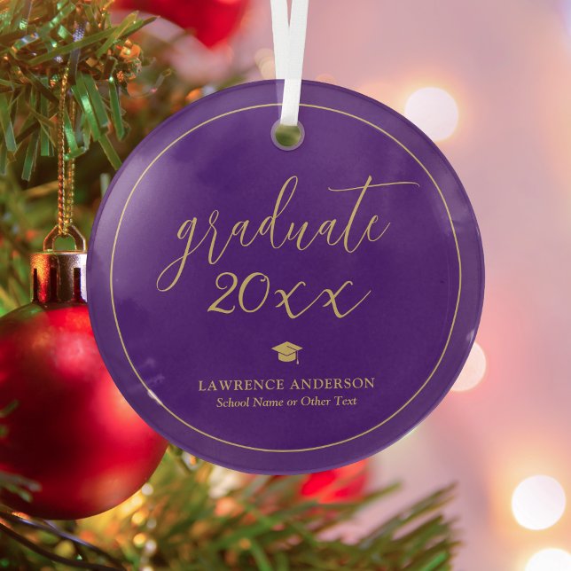 Elegant Script Royal Purple Graduate 2025 2026 Glass Tree Decoration (Creator Uploaded)
