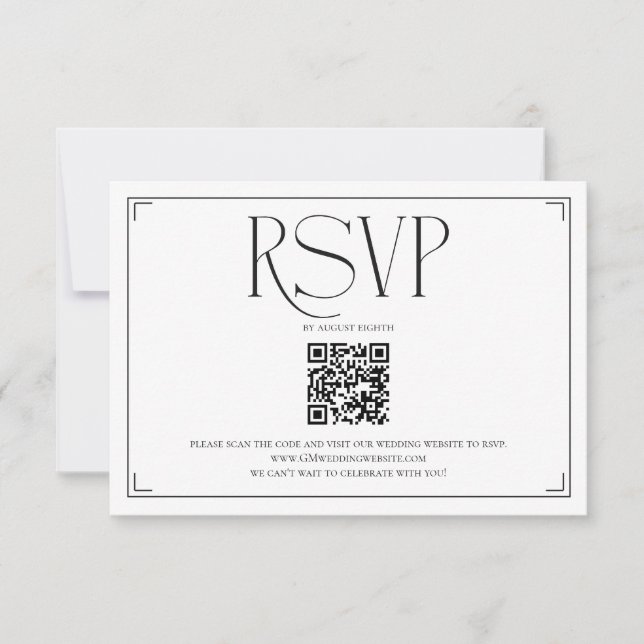 Elegant Script RSVP QR Code Black White Wedding  Card (Front)