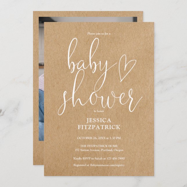 Elegant Script Rustic Kraft Photo Baby Shower Invitation (Front/Back)