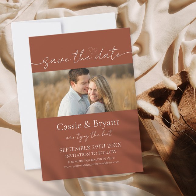 Elegant Script Rustic Terracotta Save the Date (Elegant terracotta save the date wedding announcement)