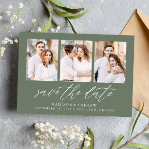 Elegant Script Sage Green 3 Photo Collage Save The Date