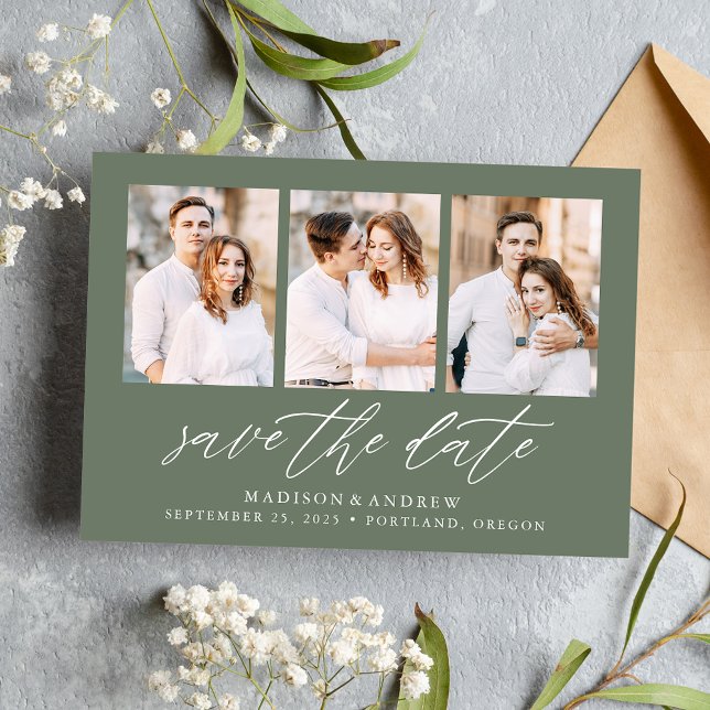 Elegant Script Sage Green 3 Photo Collage Save The Date (Creator Uploaded)