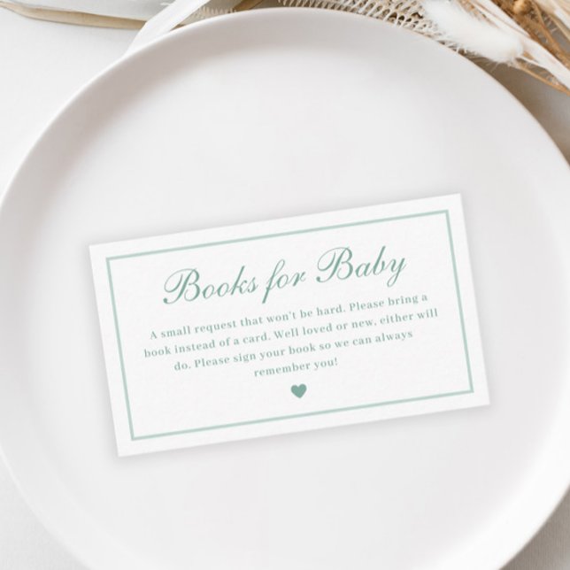 Elegant Script Sage Green Books for Baby Shower Enclosure Card (Elegant Sage Green Script Books for Baby Gender Neutral Baby Shower Enclosure Cards.)