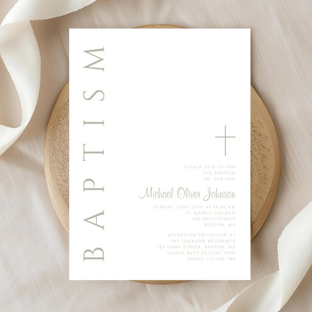 Elegant Script Sage Green Cross Baptism Invitation (Elegant Script Sage Green Cross Baptism Invitation)