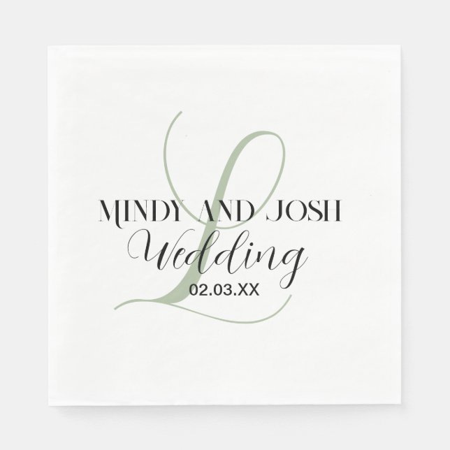 Elegant Script Sage Green Initial Wedding  Napkin (Front)