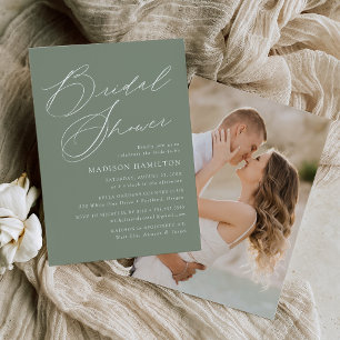 Elegant Script Sage Green Photo Bridal Shower Invitation