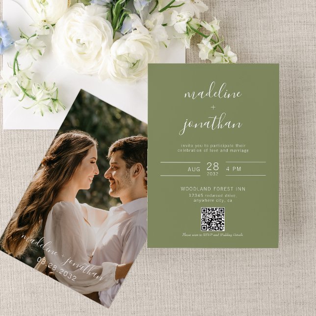 Elegant Script Sage Green Photo QR Code Wedding  Invitation (Creator Uploaded)