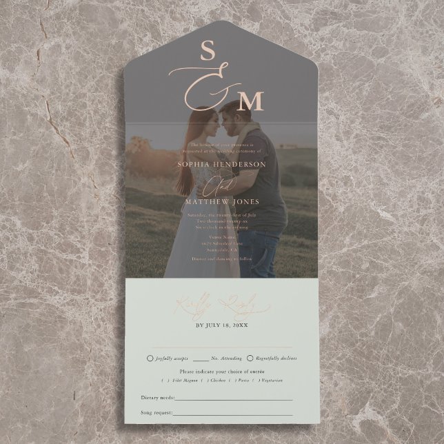 Elegant Script Sage Green Photo Wedding All In One Invitation (Creator Uploaded)