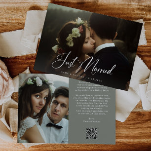 Elegant Script Sage Green   QR Code Just Married Invitation