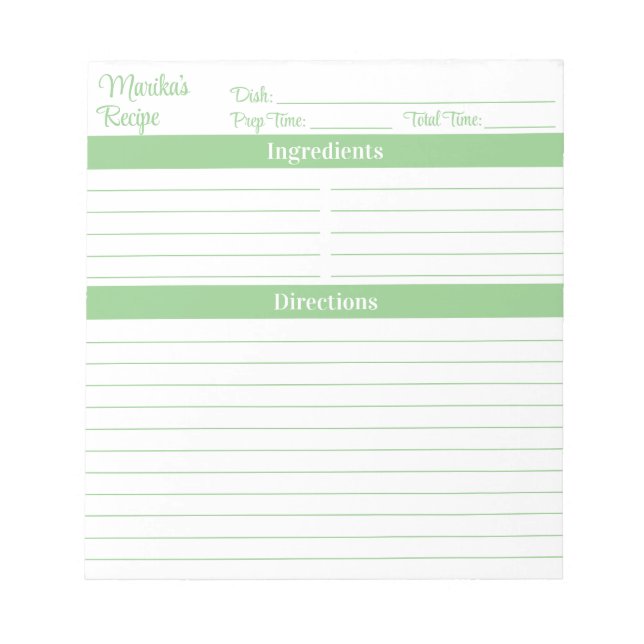 Elegant Script Sage Green Recipes Notepad (Front)