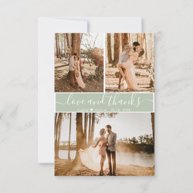 Elegant Script Sage Green Wedding 3 Photo Collage Thank You Card (Front)