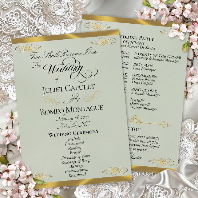 Elegant Script - Sage Pearl/Gold Wedding Programme (Creator Uploaded)