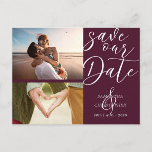 Elegant Script Save Our Date Burgundy Announcement Postcard