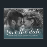 Elegant Script Save the Date Engagement Photo Announcement Postcard<br><div class="desc">This rustic save the date photo postcard features elegant script and modern typography. The photo fades onto a deep emerald background. You can easily customise this save the date card with your upcoming wedding details, your engagement photo, and a personal message on the back. If you need help or matching...</div>