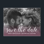 Elegant Script Save the Date Engagement Photo Announcement Postcard<br><div class="desc">This rustic save the date photo postcard features elegant script and modern typography. The photo fades onto a burgundy background. You can easily customise this save the date card with your upcoming wedding details, your engagement photo, and a personal message on the back. If you need help or matching items,...</div>