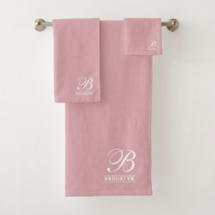 Elegant Script Serif Monogram Pink Bath Towel Set