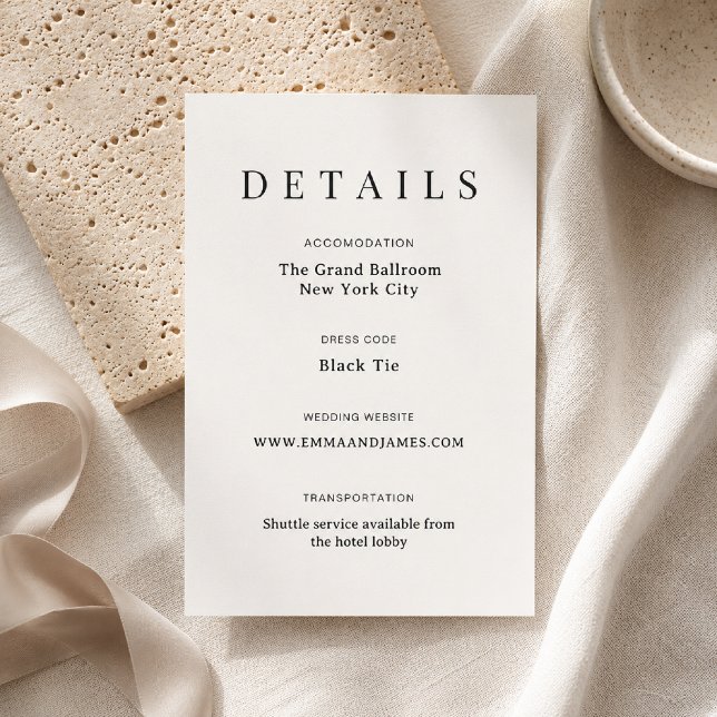 Elegant Script + Serif Wedding Details Card  (Elegant luxury wedding details card with timeless editorial styling.)