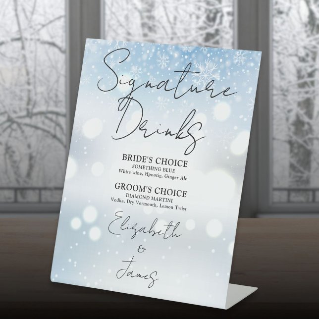 Elegant Script Signature Drinks Winter Snowflakes Pedestal Sign (Elegant Script Signature Drinks Winter Snowflakes Pedestal Sign)