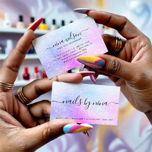 Elegant script signature holographic pink glitter business card