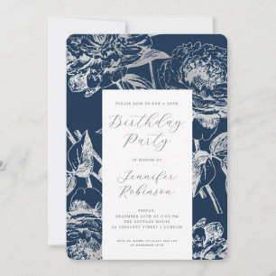 Elegant Script Silver Floral Birthday Party Navy  Invitation