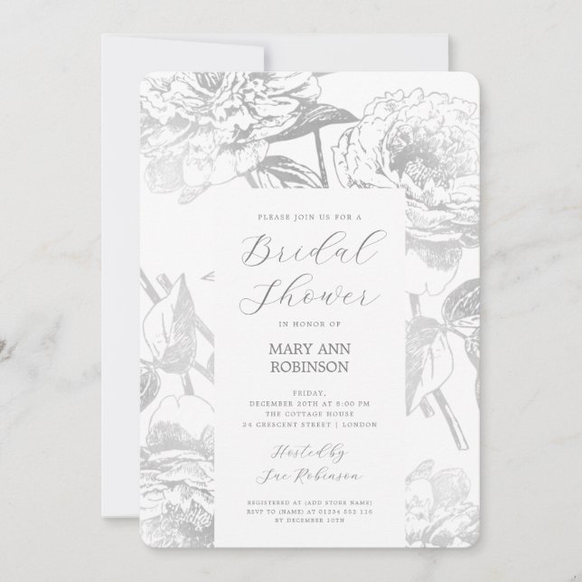 Elegant Script Silver Floral Bridal Shower Invitation (Front)