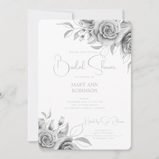 Elegant Script Silver Floral Bridal Shower Invitation (Front)