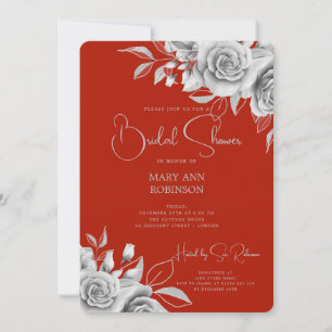 Elegant Script Silver Floral Bridal Shower Red Invitation