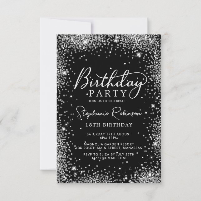 Elegant Script Silver Glitter Black 18th Birthday  Invitation (Front)