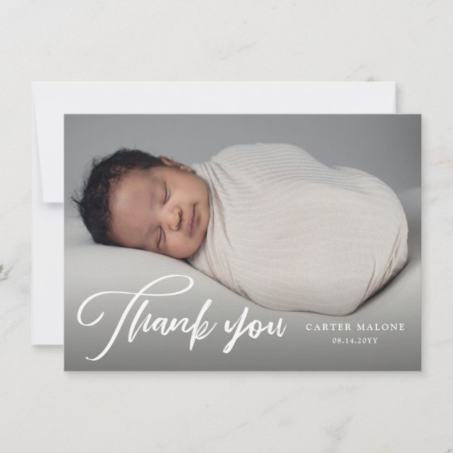 Elegant Script Simple Baby Photo  Thank You Card (Front)