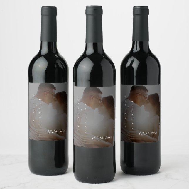 Elegant Script Simple Black Custom Wedding Photo Wine Label (Bottles)