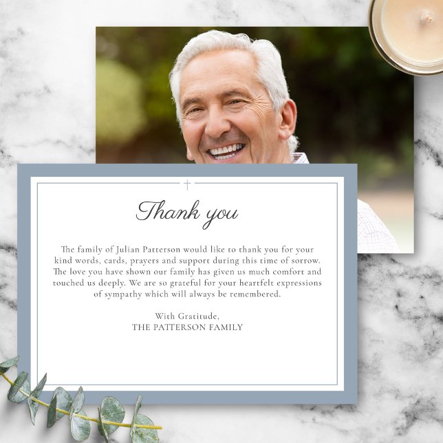 Elegant Script Simple Cross Custom Funeral Photo Thank You Card (Creator Uploaded)