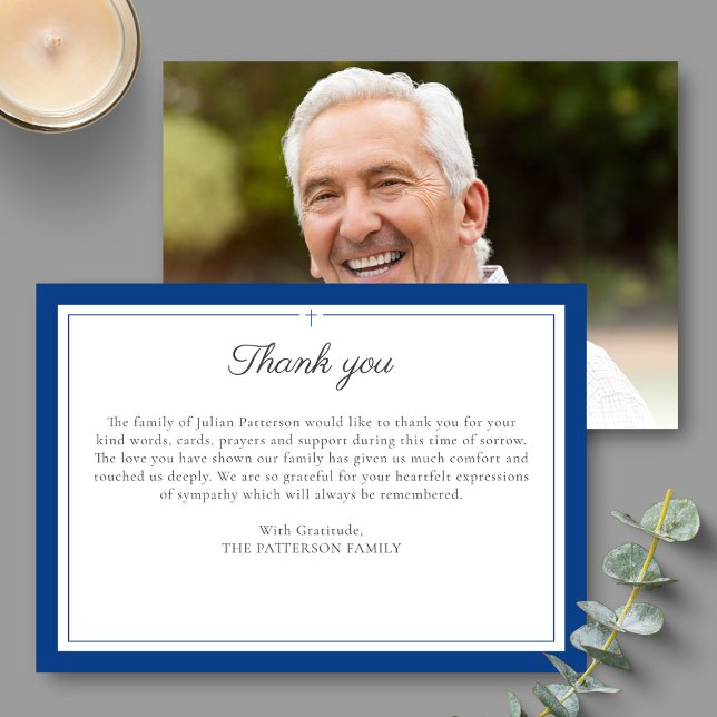 Elegant Script Simple Cross Custom Funeral Photo Thank You Card (Creator Uploaded)