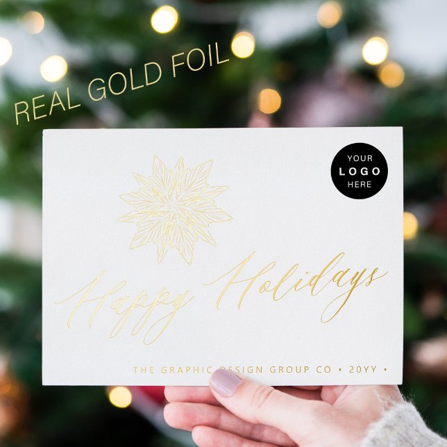 Elegant script snowflake LOGO business gold Foil Holiday Postcard (You can choose the color of the FOIL: GOLD, ROSE GOLD, or SILVER.)