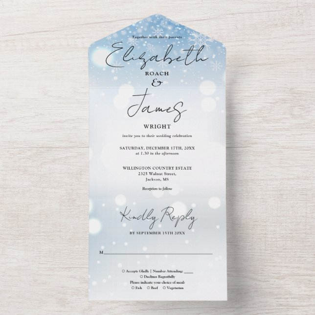 Elegant Script Snowflakes Winter Wedding All In One Invitation (Inside)