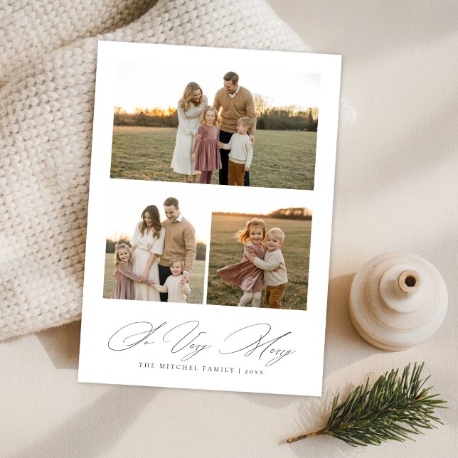 Elegant Script So Very Merry Neutral 3 Photo Holiday Card (Creator Uploaded)