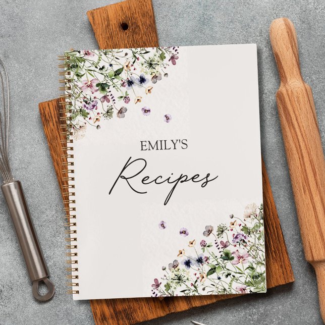 Elegant Script Spring Purple Wildflowers Recipe Notebook (In situ)