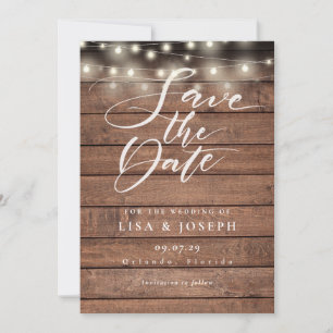Elegant Script String Lights Rustic Wood Wedding Save The Date