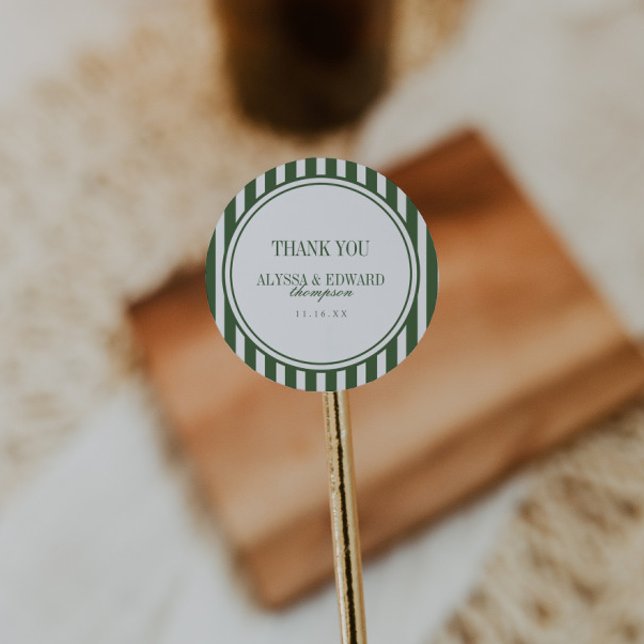 Elegant Script Striped Green Wedding Thank You Classic Round Sticker (Creator Uploaded)