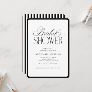 Elegant Script Stripes Black & White Bridal Shower Invitation