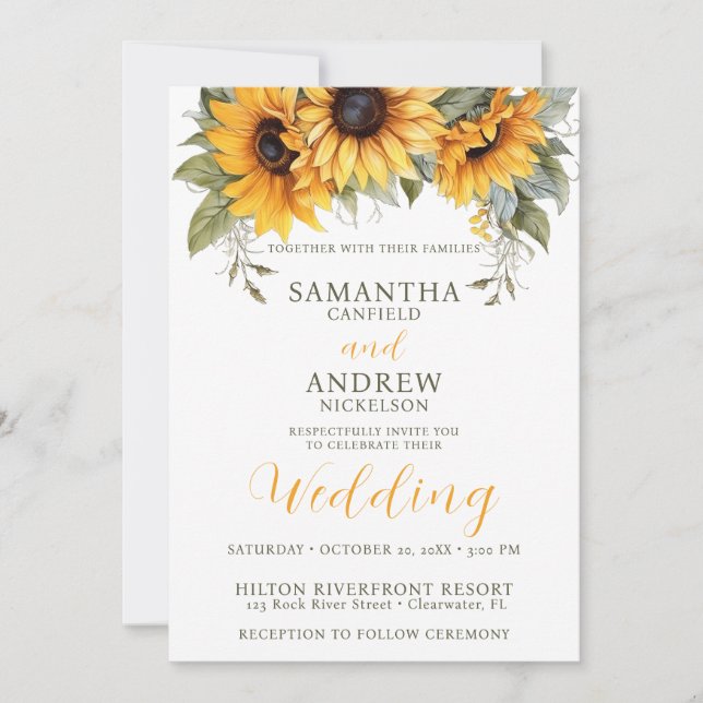 Elegant Script Sunflower Wedding Invitation (Front)
