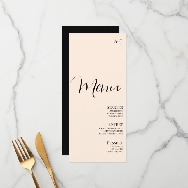 Elegant Script Tan Black Simple  Wedding Menu (Front/Back In Situ)