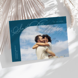 Elegant Script Teal Curved Frame Photo Save The Date