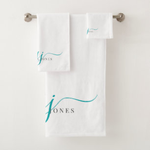 Elegant Script Teal Monogram Initials Name  Bath Towel Set