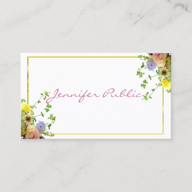 Elegant Script Template Modern Watercolor Flowers Business Card (Front)
