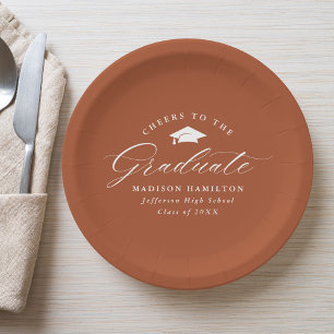 Elegant Script Terracotta Cheers to the Graduate Paper Plate