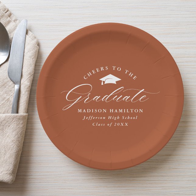Elegant Script Terracotta Cheers to the Graduate Paper Plate (Creator Uploaded)