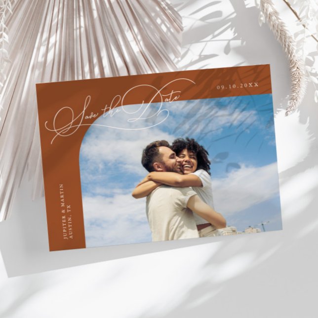 Elegant Script Terracotta Curved Frame Photo Save The Date (Creator Uploaded)