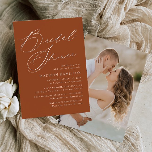 Elegant Script Terracotta Photo Bridal Shower Invitation (Creator Uploaded)