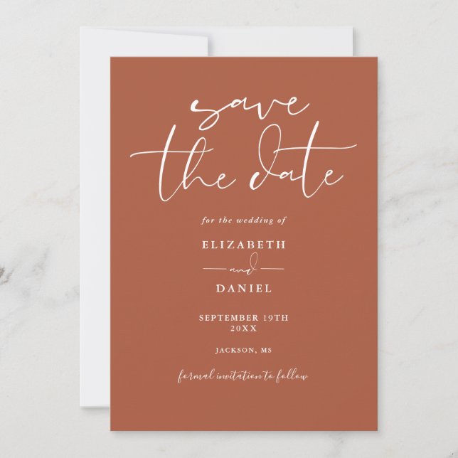 Elegant Script Terracotta QR Code Wedding Save The Date (Front)